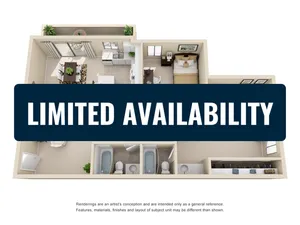 Chic 3D floor plan showcasing a modern apartment with an open living space, sleek kitchen, cozy bedroom, and inviting balcony. Limited availability.