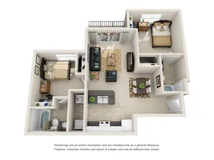 Modern 3D floor plan showcasing two cozy bedrooms, a spacious open-concept living and dining area, a sleek kitchen, and elegant bathrooms.