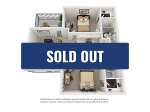 Modern 3D floor plan highlighting a 1-bedroom apartment with spacious living area, office nook, and stylish balcony, marked as sold out.