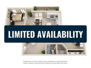 Modern 3D floor plan showcasing a cozy 1-bedroom apartment with open kitchen, inviting living area, and well-appointed bathroom. Limited availability adds exclusivity.