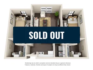 Elegant 3D floor plan with 2 bedrooms, a cozy living room, and modern kitchen, showcasing stylish interior designs.