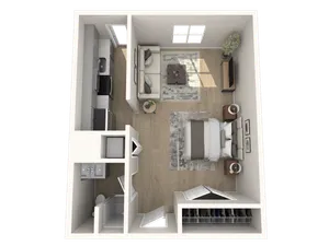 Chic 3D floor plan showcasing a cozy one-bedroom apartment with an open-concept kitchen and living area, modern bathroom, and ample closet space.