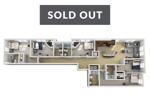 Elegant 3D floor plan showcasing a modern apartment layout with three bedrooms, a spacious open kitchen, and a cozy living area, complete with stylish furnishings. SOLD OUT.