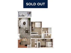 Elegant 3D floor plan displaying two bedrooms, a stylish living area, modern kitchen, and balcony, perfect for contemporary living.
