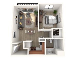 Modern 3D floor plan featuring 1 bedroom, an inviting living area, and a compact kitchen, ideal for urban living.