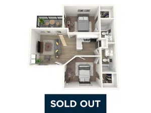 Charming 3D floor plan showcasing 2 bedrooms, modern kitchen, cozy living room, and private balcony, elegantly designed for comfort and style.