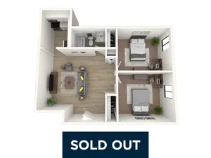 Contemporary 3D floor plan showcasing 2 cozy bedrooms, an inviting living room, modern kitchen, and bathroom; sold out.