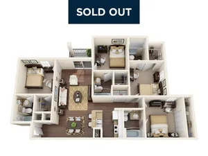 Chic 3D floor plan showcasing 3 bedrooms, an open living area, modern kitchen, and elegant bathrooms.