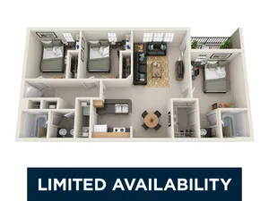 Modern 3D floor plan showcasing 3 spacious bedrooms, open living area, and stylish kitchen with limited availability.