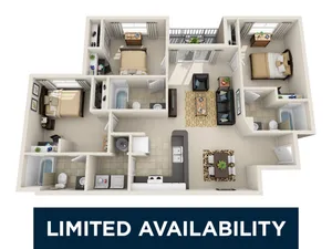 Inviting 3D floor plan with 3 bedrooms, modern kitchen, cozy living area, and 2 bathrooms, highlighting limited availability.