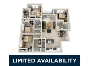 Contemporary 3D floor plan showcasing a bright, open-concept living area, 3 bedrooms, modern kitchen, and 2 bathrooms with elegant finishes.