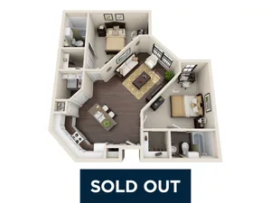 Chic 3D floor plan showcasing a contemporary two-bedroom layout with an inviting living area, modern kitchen, and two stylish bathrooms.
