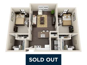 Charming 3D apartment floor plan displaying 2 bedrooms, welcoming living area, modern kitchen, and elegant bathrooms, all with contemporary furnishings.