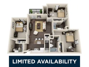 Modern 3D floor plan showcasing 3 cozy bedrooms, an elegant kitchen with bar seating, and a welcoming living area with balcony access. Act fast due to limited availability.