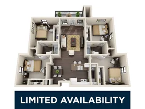 Chic 3D floor plan showcasing three spacious bedrooms, open-concept living area, modern kitchen with island, and cozy balcony. Limited availability.