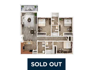 Chic floor plan showcasing a spacious 3-bedroom apartment with luxurious interiors, open living area, modern kitchen, and elegant balcony seating.