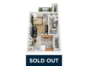 Chic open-concept apartment layout showcasing a cozy living room, modern kitchen, and private balcony.