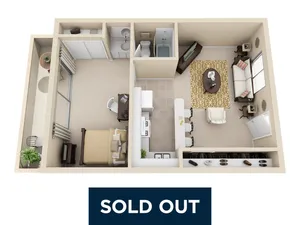 Chic 3D floor plan featuring a cozy bedroom, stylish living area, modern kitchen, and spacious bathroom, ideal for urban living.
