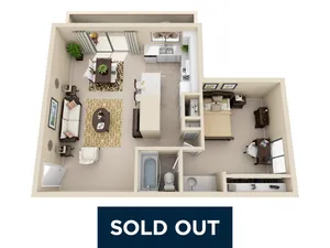 Inviting 3D floor plan showcasing a cozy one-bedroom apartment, open living area, modern kitchen, and a stylish bathroom.