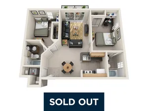 Modern 3D floor plan showcasing a vibrant 2-bedroom apartment with a cozy living room, stylish kitchen, and two sleek bathrooms. Sold out unit.