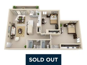 Modern 3D floor plan showcasing a cozy 2-bedroom apartment with an open-concept living room, stylish kitchen, and two bathrooms. Includes a comfortable balcony area.