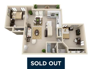 Charming 3D floor plan of a cozy apartment featuring two spacious bedrooms, an inviting open-concept living room, a modern kitchen, and a stylish bathroom. Includes a private balcony space, ideal for relaxation.