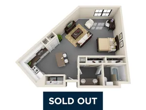 Modern 3D floor plan featuring a spacious studio apartment with an open-concept living area, cozy bedroom corner, sleek kitchen, and dual-sink bathroom.