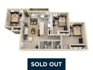 Modern 3D floor plan of a beautifully arranged apartment featuring three bedrooms, a cozy living room, contemporary kitchen, and two bathrooms. Stylish decor enhances an inviting space.