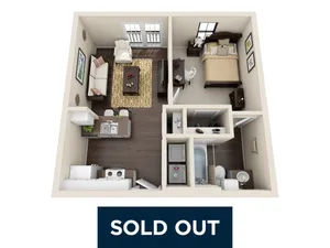 Charming 1-bedroom apartment with open-plan living room and kitchen, featuring modern interior design and spacious layout, now sold out.