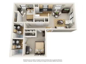 Charming 3D floor plan showcasing a cozy 2-bedroom apartment with open-concept living room and kitchen, complemented by modern bathrooms.