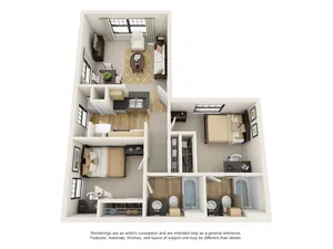 Contemporary 2-bedroom apartment floor plan featuring an inviting living room, two elegant bathrooms, and a cozy dining area.