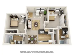 Charming 3D floor plan with two cozy bedrooms, an inviting living room, a modern kitchen, and two elegant bathrooms, perfect for stylish living.