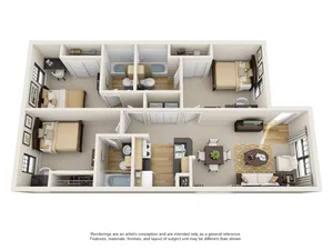 Charming 3D floor plan showcasing a modern 3-bedroom apartment with two bathrooms, an open-concept kitchen, and a cozy living area. Bright and inviting design with ample natural light.