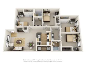 Contemporary 3D floor plan displaying a 3-bedroom apartment with open living and dining area, modern kitchen, and two bathrooms.