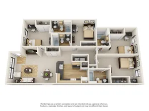 Inviting 3D floor plan showcasing 3 cozy bedrooms, 2 modern bathrooms, a spacious open-concept living area, and a contemporary kitchen.