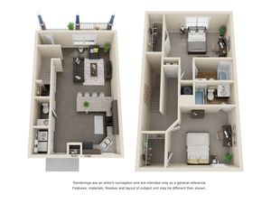 Modern 3D floor plan showcasing a cozy living room, open kitchen with island, and a spacious bedroom featuring ample closet space.