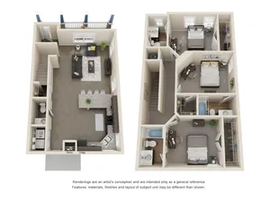 Bright and modern 3D floor plan showcasing two-story layout with open-concept living area, stylish kitchen, three cozy bedrooms, and two elegant bathrooms.