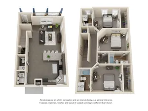 Charming 3D floor plan with bright living room, two cozy bedrooms, sleek kitchen, and modern bathrooms.