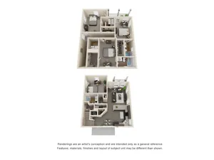 Contemporary 3D floor plan showcasing a multi-level apartment with 2 spacious bedrooms, a modern kitchen, and an inviting living area.