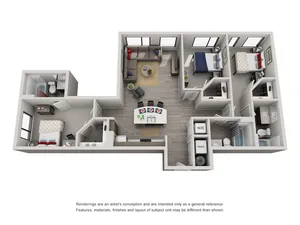 Modern 3D floor plan showcasing 3 spacious bedrooms, an inviting open-concept living area, and a sleek kitchen with island seating.