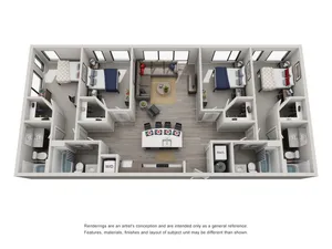 Modern 3D floor plan showcasing a stylish three-bedroom apartment with open-concept living area, sleek kitchen, and two bathrooms, perfect for contemporary living.