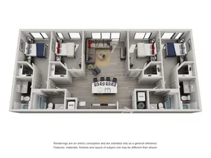 Modern 3D floor plan featuring 3 spacious bedrooms, open-concept living and dining area, stylish kitchen, and two bathrooms, ideal for comfortable urban living.