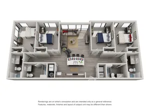 Inviting 3D floor plan showcasing 3 bedrooms, a cozy living room, and a modern kitchen with dining area, perfectly designed for comfortable living.