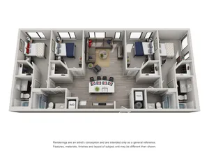 Modern 3D floor plan displaying three spacious bedrooms, a cozy living area, and stylish kitchen with breakfast bar seating.