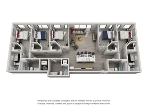 Sleek 3D floor plan showcasing 4 modern bedrooms, stylish open living area, and elegant kitchen, perfect for contemporary living.
