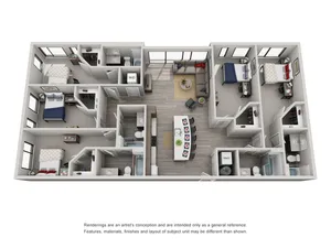 Modern 3D floor plan showcasing 3 bedrooms, elegantly designed living room, and a gourmet kitchen with island seating.