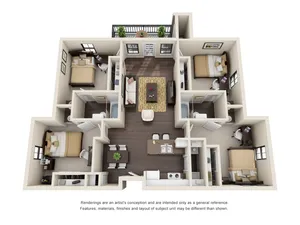 Elegant 3D floor plan showcasing 3 bedrooms, a cozy open-concept living area, and a modern kitchen with island seating.