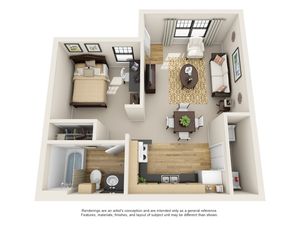 Modern 3D floor plan showcasing one-bedroom apartment with cozy living area, stylish kitchen, and elegant bathroom.