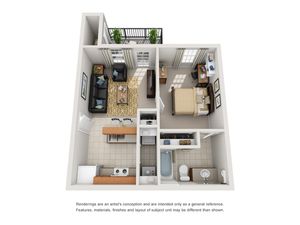 Chic 1-bedroom apartment floor plan showcasing an inviting living area, modern kitchen, and cozy balcony.