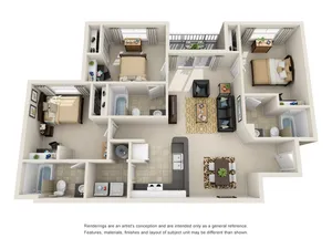 Modern 3D floor plan showcasing 3 bedrooms, a cozy living room, a contemporary kitchen, and private balconies.